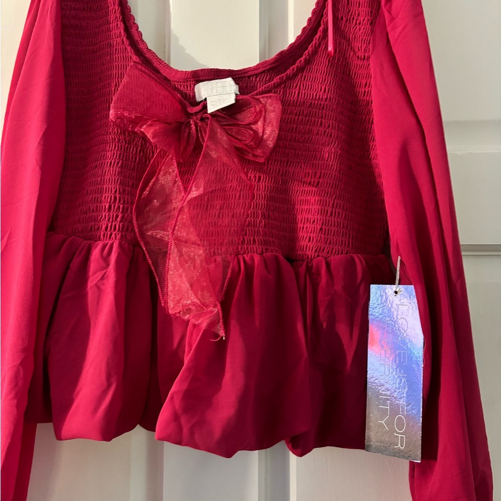Women’s Long Sleeve Red Peplum Top with Bow